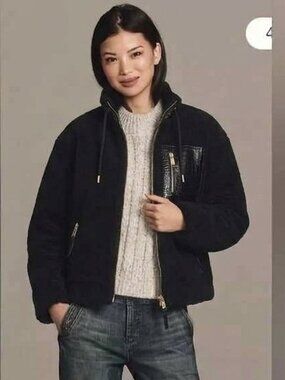 Rebecca Minkoff NWT Black Teddy Faux Fur Bomber Jacket Leather Trim  M Rtl $348